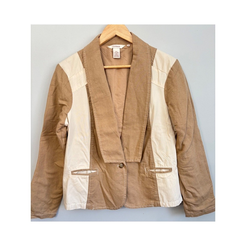 Sundance Womens Blazer Jacket Sz M Linen Cotton Color Block Tan Ivory Career